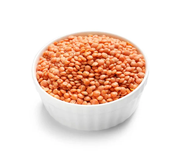 碗与红色小扁豆在白色背景 蛋白质含量高的天然食品 — 图库照片