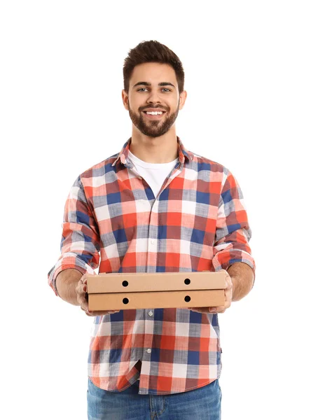 Beyaz Arka Plan Üzerinde Pizza Kutuları Ile Genç Kurye Gıda — Stok fotoğraf