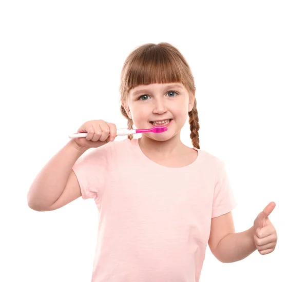 Маленька Дівчинка Чистить Зуби Кольоровому Фоні — стокове фото