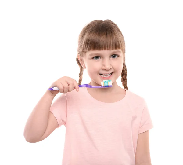 Petite Fille Brossant Les Dents Sur Fond Couleur — Photo