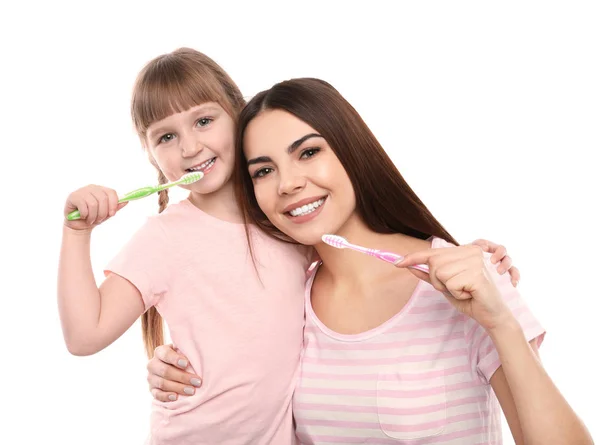 Küçük Kız Renk Arka Plan Üzerinde Diş Fırçalama Telifsiz Stok Imajlar