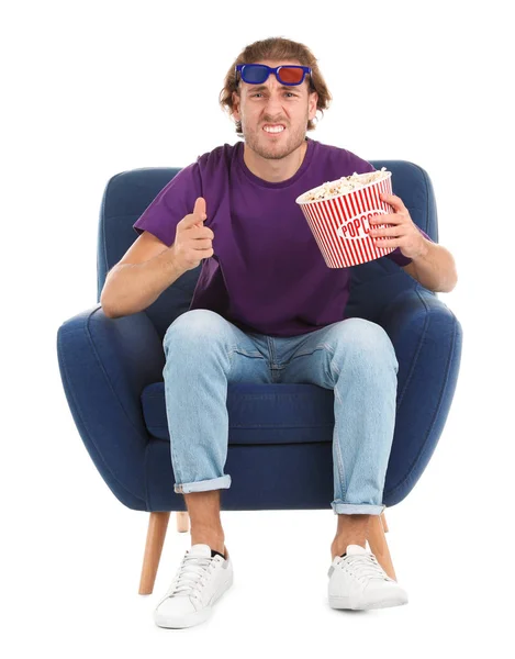 Emotional Man Glasses Popcorn Sitting Armchair Cinema Show White Background — Stock Photo, Image