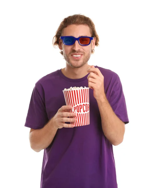 Człowiek Okulary Popcorn Kinie Białym Tle — Zdjęcie stockowe
