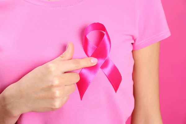 Woman Pink Ribbon Color Background Closeup Breast Cancer Awareness — Stock Photo, Image