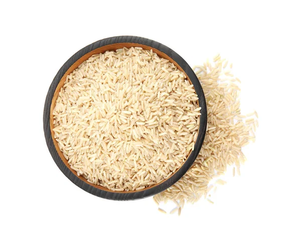 Plate Raw Unpolished Rice White Background Top View — Stock Photo, Image