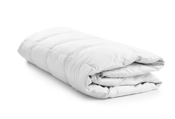 Yumuşak Battaniye Beyaz Arka Plan Üzerinde Katlanmış Tekstil Yatak Odası — Stok fotoğraf