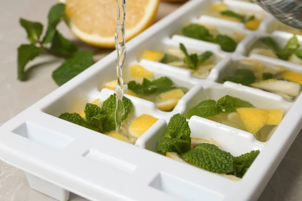 Pouring water into ice cube tray with mint and lemon on table, closeup