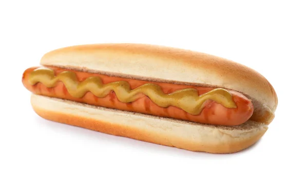 Smaczne Hot Doga Musztarda Białym Tle — Zdjęcie stockowe