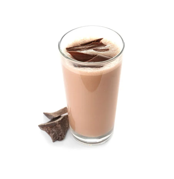 Vaso Batido Proteína Chocolate Ingrediente Aislado Blanco —  Fotos de Stock