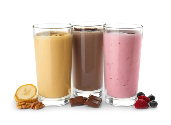 Glasses Different Protein Shakes Ingredients Isolated White — Stock Photo, Image
