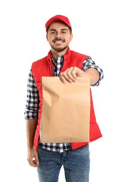 Jovem Mensageiro Com Saco Papel Sobre Fundo Branco Serviço Entrega — Fotografia de Stock