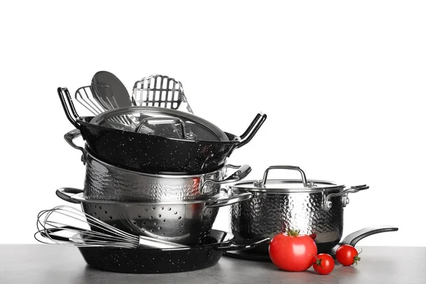 Set Clean Cookware Utensils Vegetables Table White Background — Stock Photo, Image