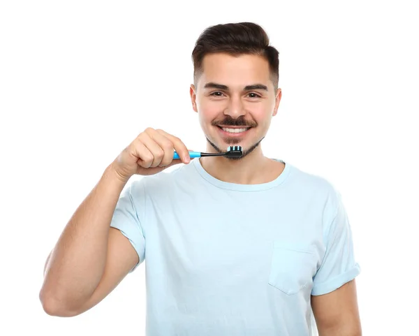 Junger Mann Beim Zähneputzen Auf Weißem Hintergrund — Stockfoto