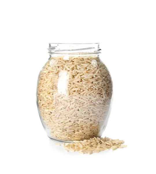 Jar Raw Unpolished Rice White Background — Stock Photo, Image