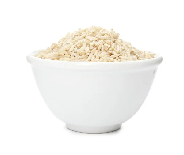 Schüssel Mit Rohem Unpoliertem Reis Auf Weißem Hintergrund — Stockfoto