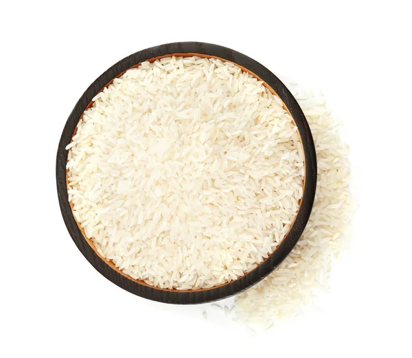 Teller Mit Rohem Reis Auf Weißem Hintergrund Draufsicht — Stockfoto