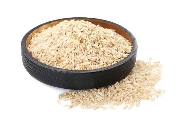 Teller Mit Rohem Unpoliertem Reis Auf Weißem Hintergrund — Stockfoto