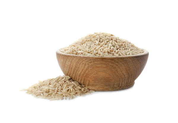 Holzschale Mit Braunem Reis Auf Weißem Hintergrund — Stockfoto