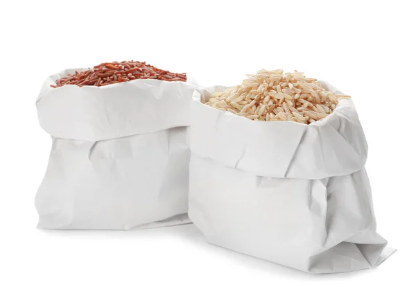 Bags Brown Rice White Background — Stock Photo, Image