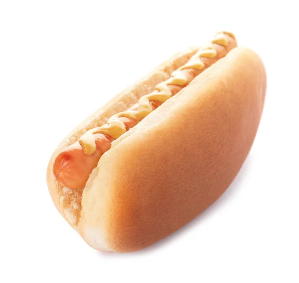 Smakelijke Hotdog Met Mosterd Witte Achtergrond — Stockfoto