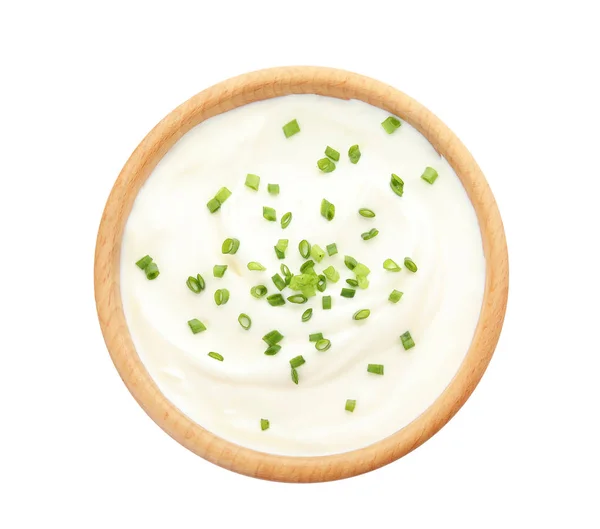 Bowl Sour Cream Herbs White Background Top View — Stock Photo, Image