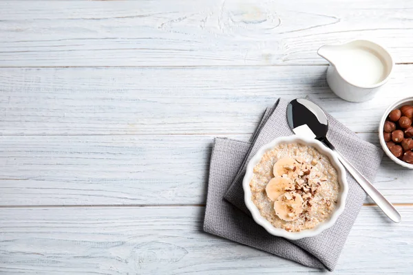 Flat Lay Composition Quinoa Porridge Cream Space Text Wooden Background — Stock Photo, Image