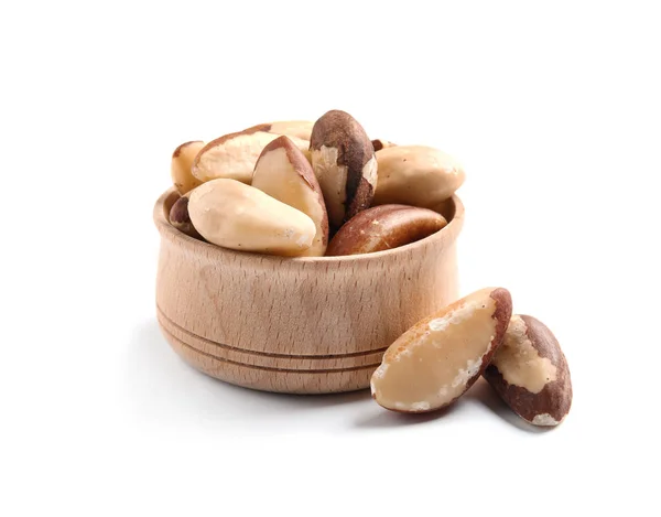 Wooden Bowl Brazil Nuts White Background — Stock Photo, Image