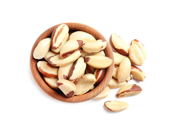 Wooden Bowl Brazil Nuts White Background Top View — Stock Photo, Image