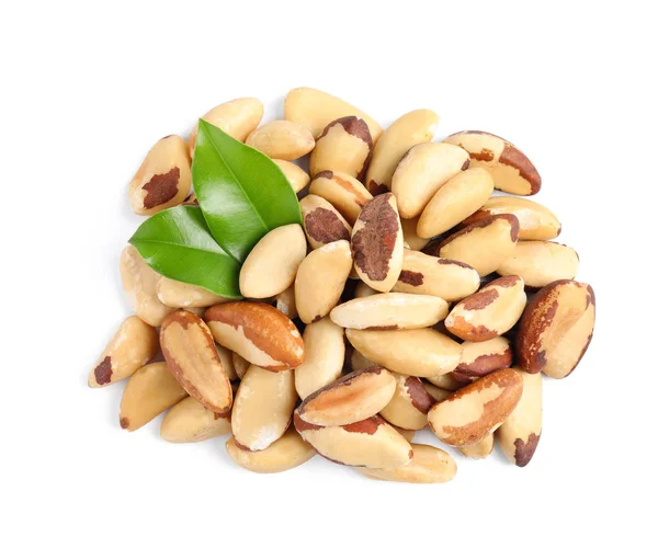 Brazil Nuts Green Leaves White Background Top View — Stock Photo, Image