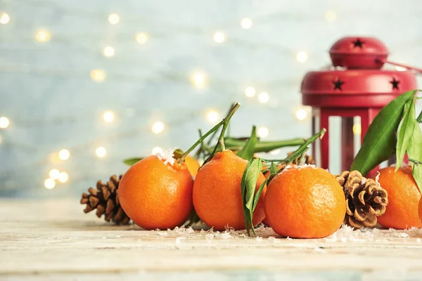 Christmas Composition Ripe Tangerines Artificial Snow Table Space Text — Stock Photo, Image
