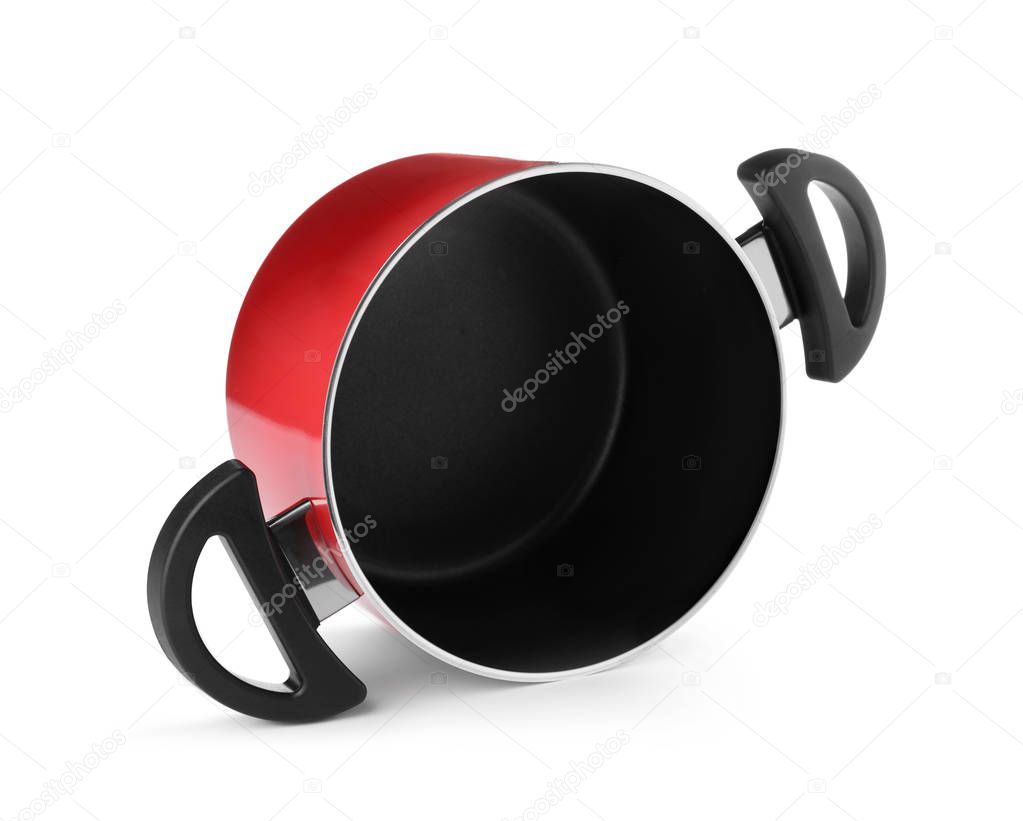 Modern red clean saucepan isolated on white