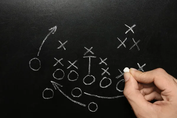 Man Drawing Football Game Scheme Chalkboard Top View — Stock Photo, Image