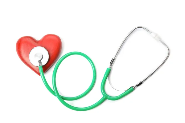 Red Heart Stethoscope White Background Top View Cardiology Concept — Stock Photo, Image