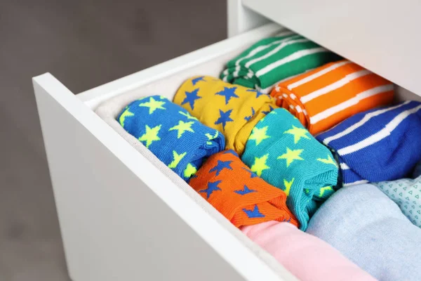 Many Different Colorful Socks Open Drawer Closeup — Stock Photo, Image