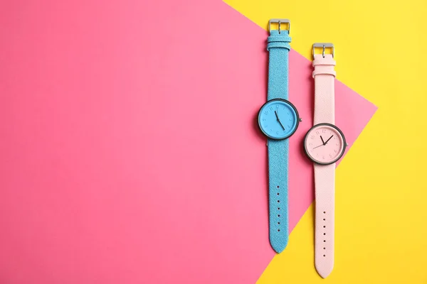 Flat Lay Composition Stylish Wrist Watches Space Text Color Background — Stock Photo, Image