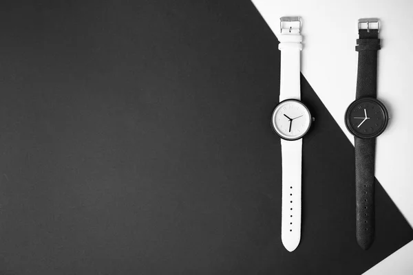 Composição Flat Lay Com Relógios Pulso Elegantes Espaço Para Texto — Fotografia de Stock
