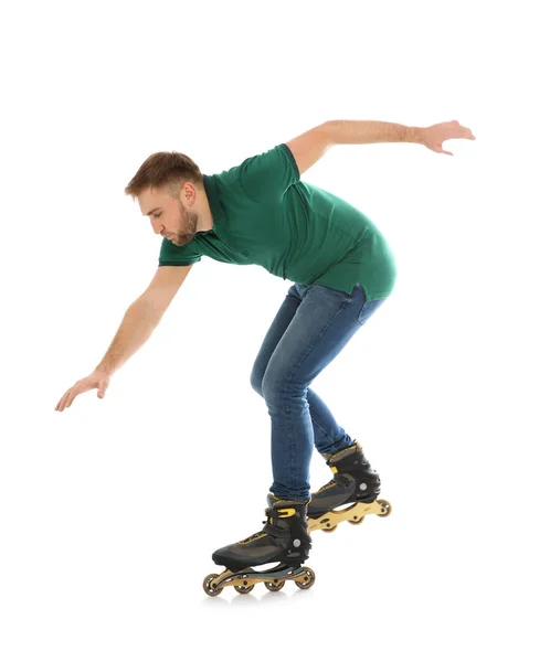 Junger Mann Mit Inline Rollschuhen Auf Weißem Hintergrund — Stockfoto