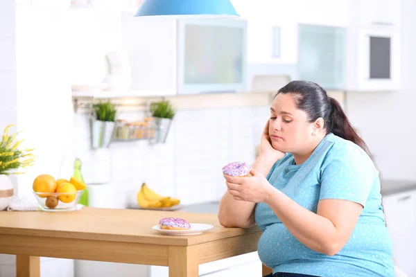 Sad Overweight Woman Donuts Kitchen Failed Diet — Stock Photo, Image