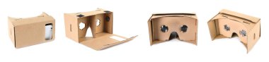 Set with cardboard virtual reality headset on white background clipart