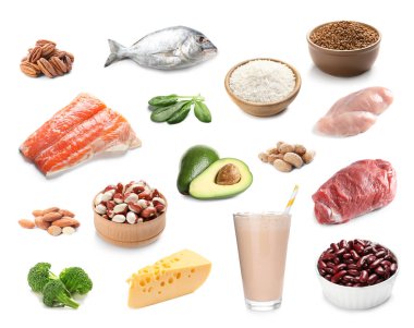 Beyaz arka plan üzerinde farklı doğal protein yiyecek ile ayarla