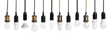 Set with different lamp bulbs on white background clipart