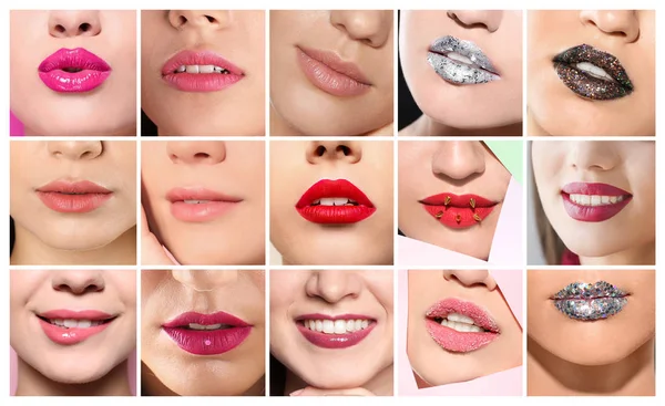 Set Different Beautiful Women Focus Lips Professional Makeup Artist — Stock Photo, Image