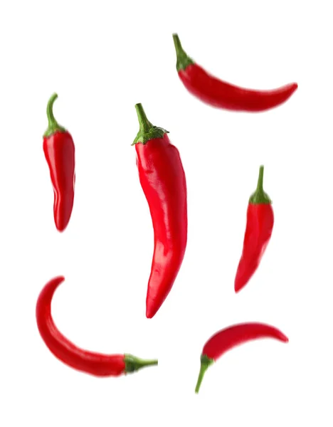 Set Fresh Red Chili Peppers Falling White Background — Stock Photo, Image