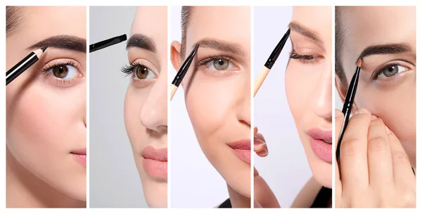 Wanita Sensual Dengan Lipstik Warna Yang Berbeda Closeup Makeup Diatur — Stok Foto