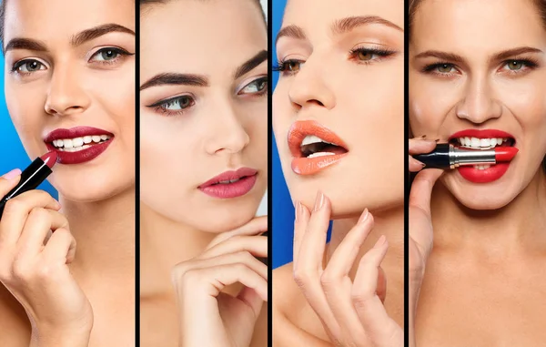 Wanita Sensual Dengan Lipstik Warna Yang Berbeda Closeup Makeup Diatur — Stok Foto
