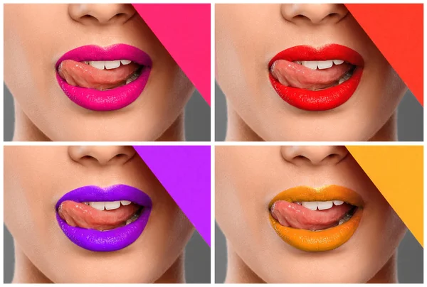Farklı Renk Rujlar Closeup Ile Şehvetli Kadın Makyaj Seti — Stok fotoğraf