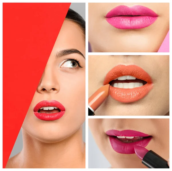 Sensuele Vrouwen Met Verschillende Kleuren Lippenstift Close Make Set — Stockfoto