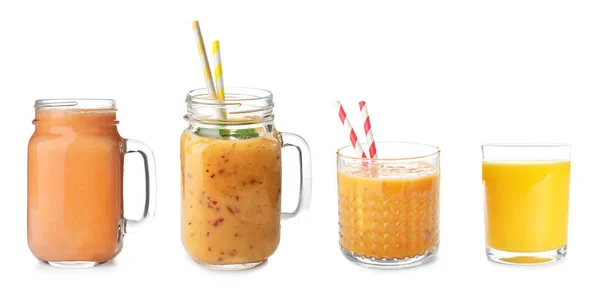 Set Fresh Mango Juice White Background Healthy Drink — Stock Photo, Image