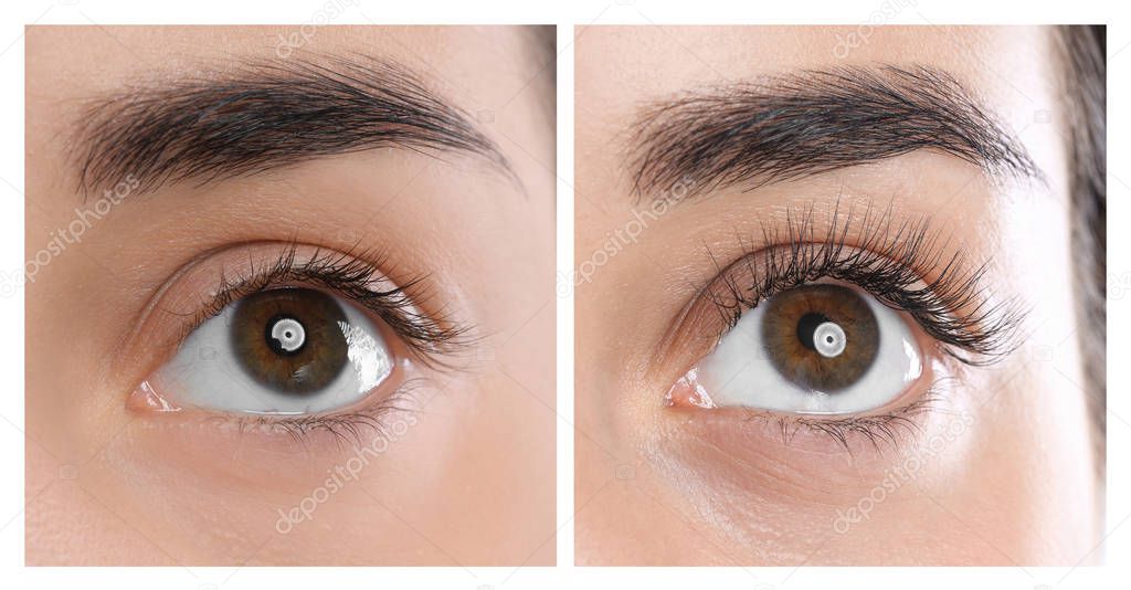 Young woman before and after eyelash extension procedure, closeup