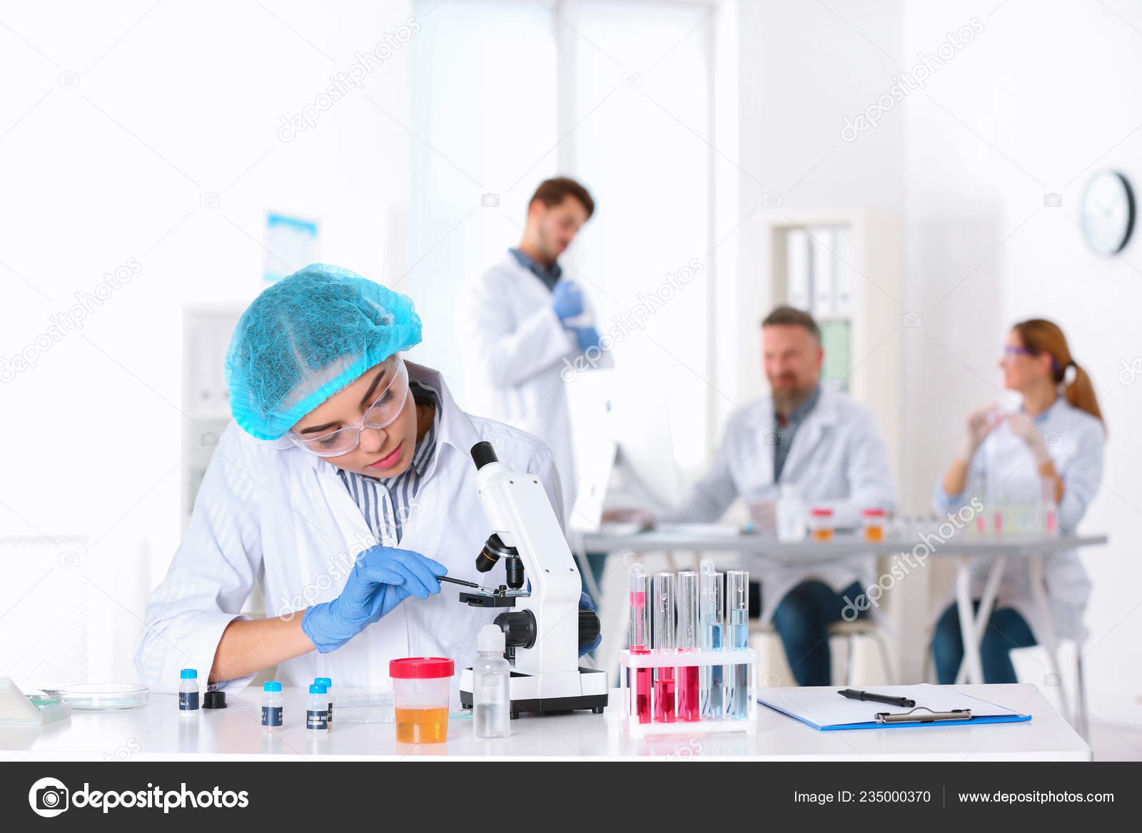 Female Scientist Working Table Laboratory Space Text Research